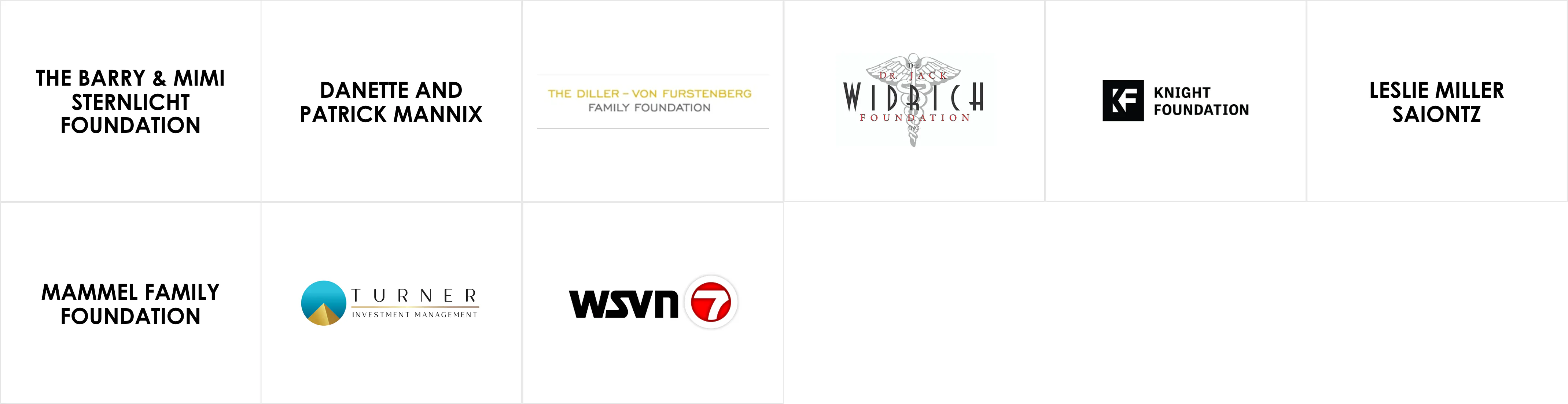 A grid of sponsor logos and names representing the Platinum — $25,000 sponsorship tier, including The Barry & Mimi Sternlicht Foundation, Danette and Patrick Mannix, The Diller–von Furstenberg Family Foundation, Widrich Foundation, Knight Foundation, Leslie Miller Saiontz, Mammel Family Foundation, Turner Investment Management, and WSYN 7.
